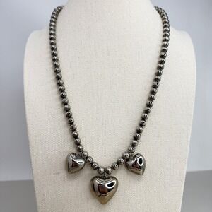 Vintage Puffed Heart‎ Necklace Silver Tone Metal Ball Beaded Charm Chunky